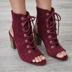 Wild Diva Burgundy Lace-Up Peep Toe Boots
